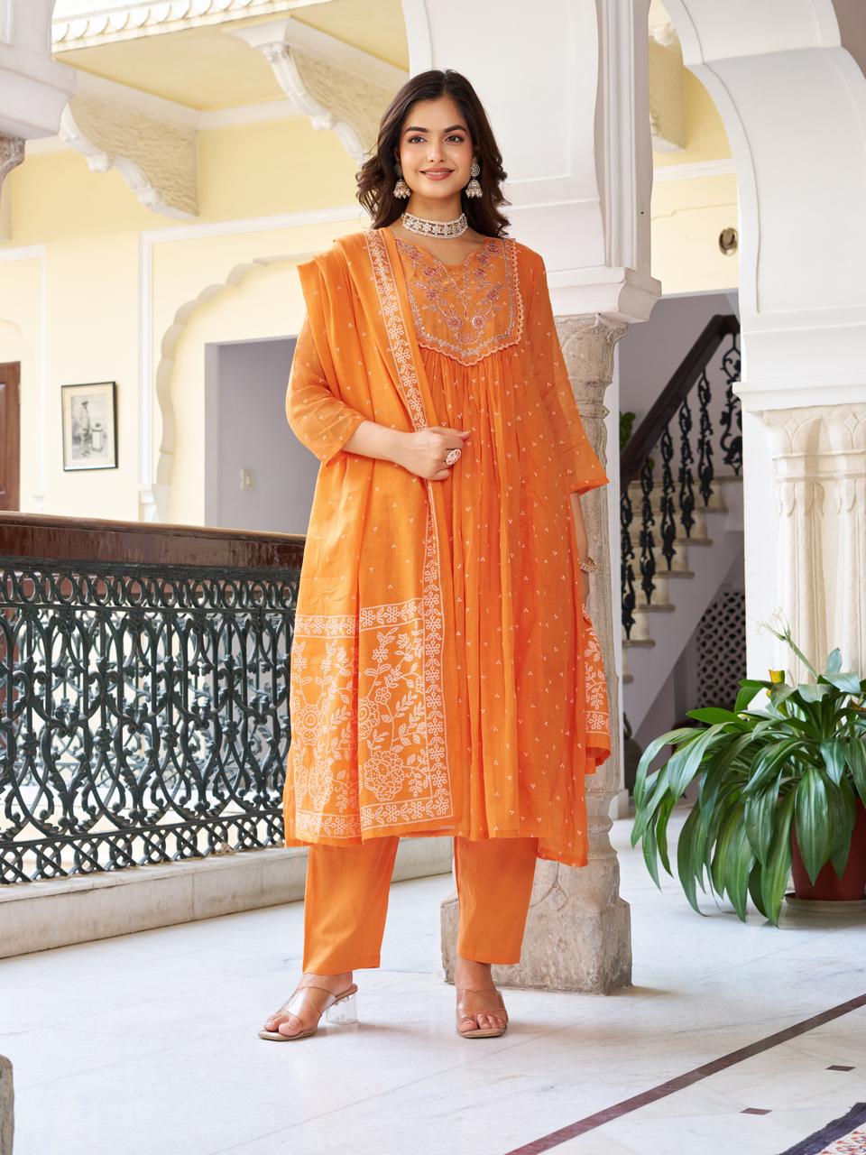 Women’s Orange Pure Cotton Embroidered Kurta Set with Plain Bottom & Printed Dupatta