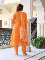 Women’s Orange Pure Cotton Embroidered Kurta Set with Plain Bottom & Printed Dupatta