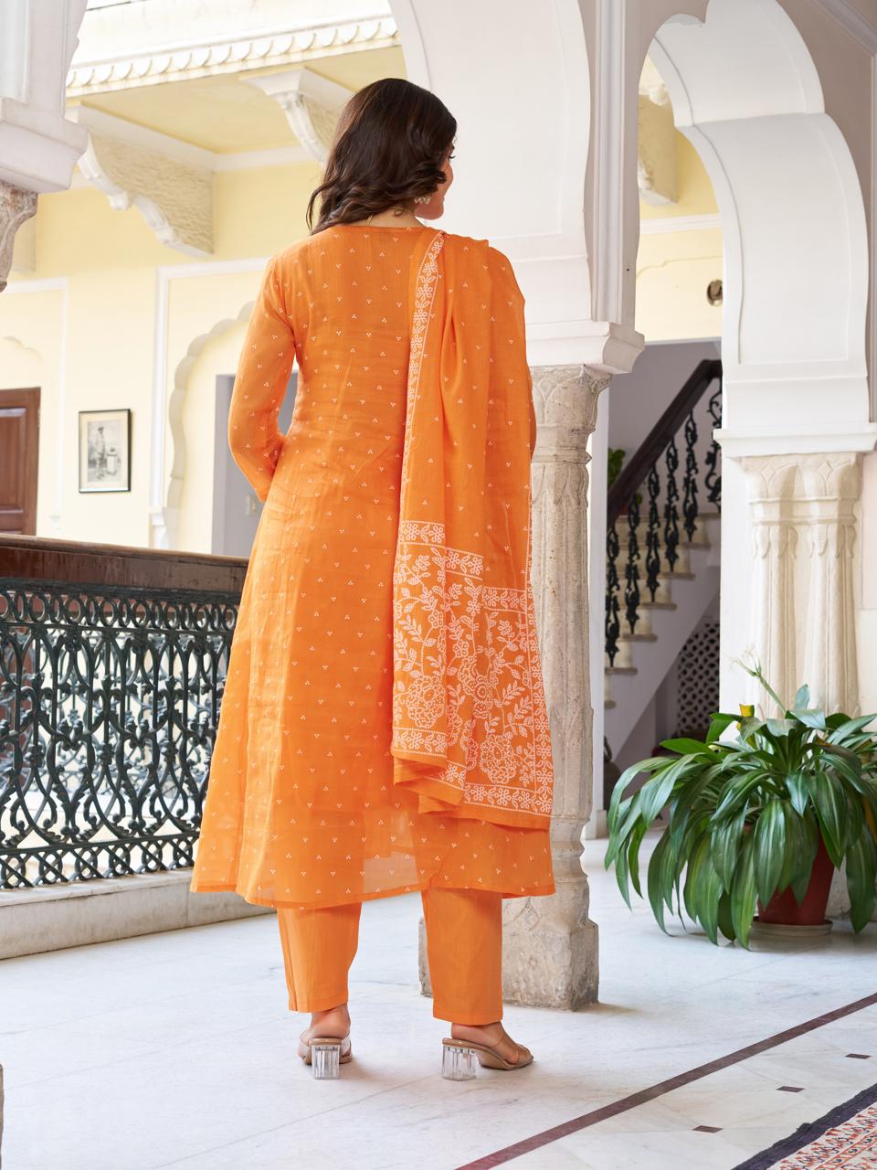 Women’s Orange Pure Cotton Embroidered Kurta Set with Plain Bottom & Printed Dupatta