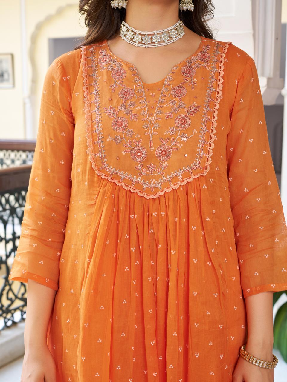 Women’s Orange Pure Cotton Embroidered Kurta Set with Plain Bottom & Printed Dupatta