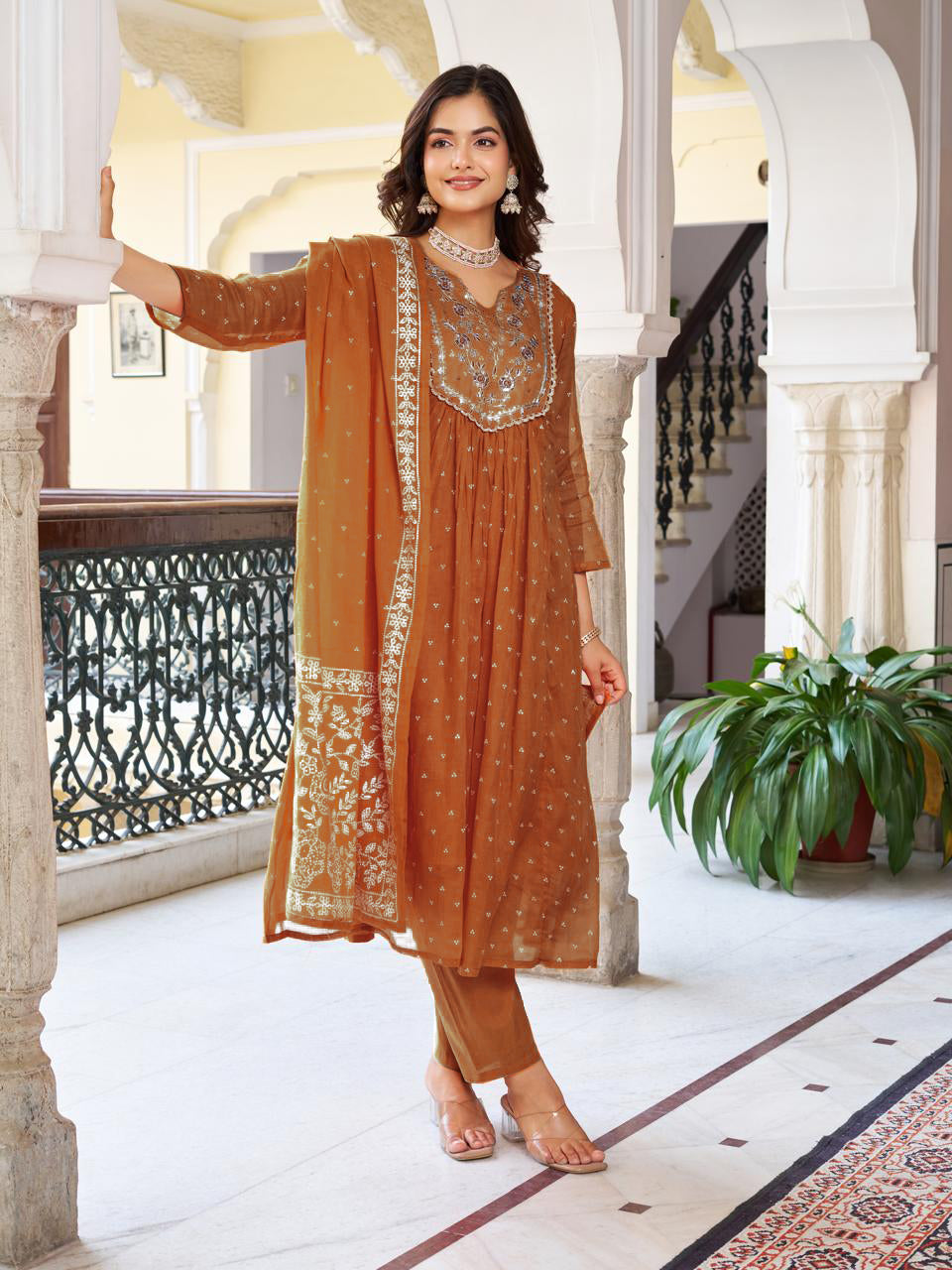 Women’s Rust Pure Cotton Embroidered Kurta Set with Plain Bottom & Printed Dupatta