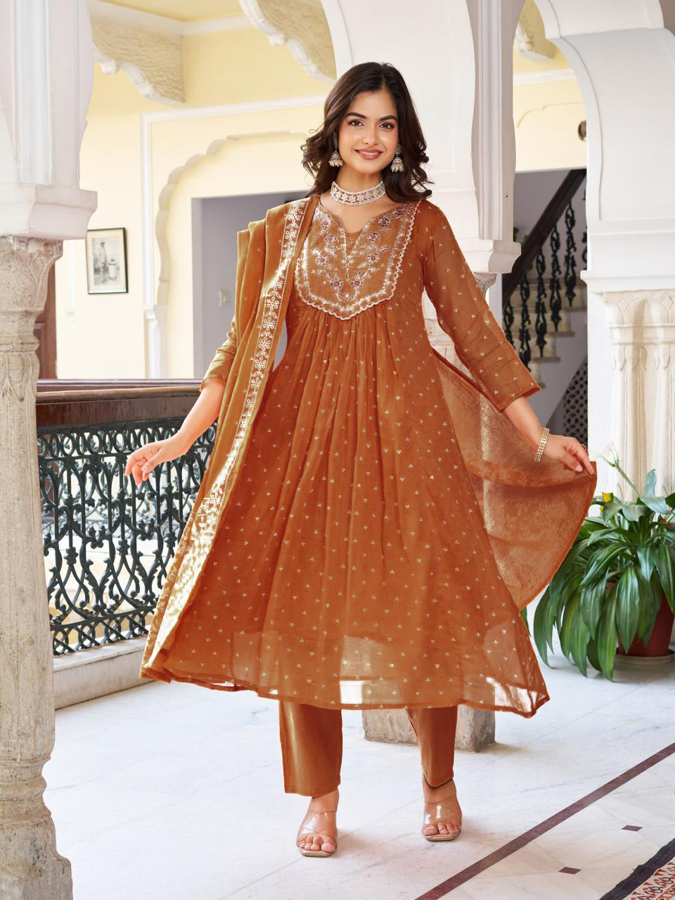 Women’s Rust Pure Cotton Embroidered Kurta Set with Plain Bottom & Printed Dupatta