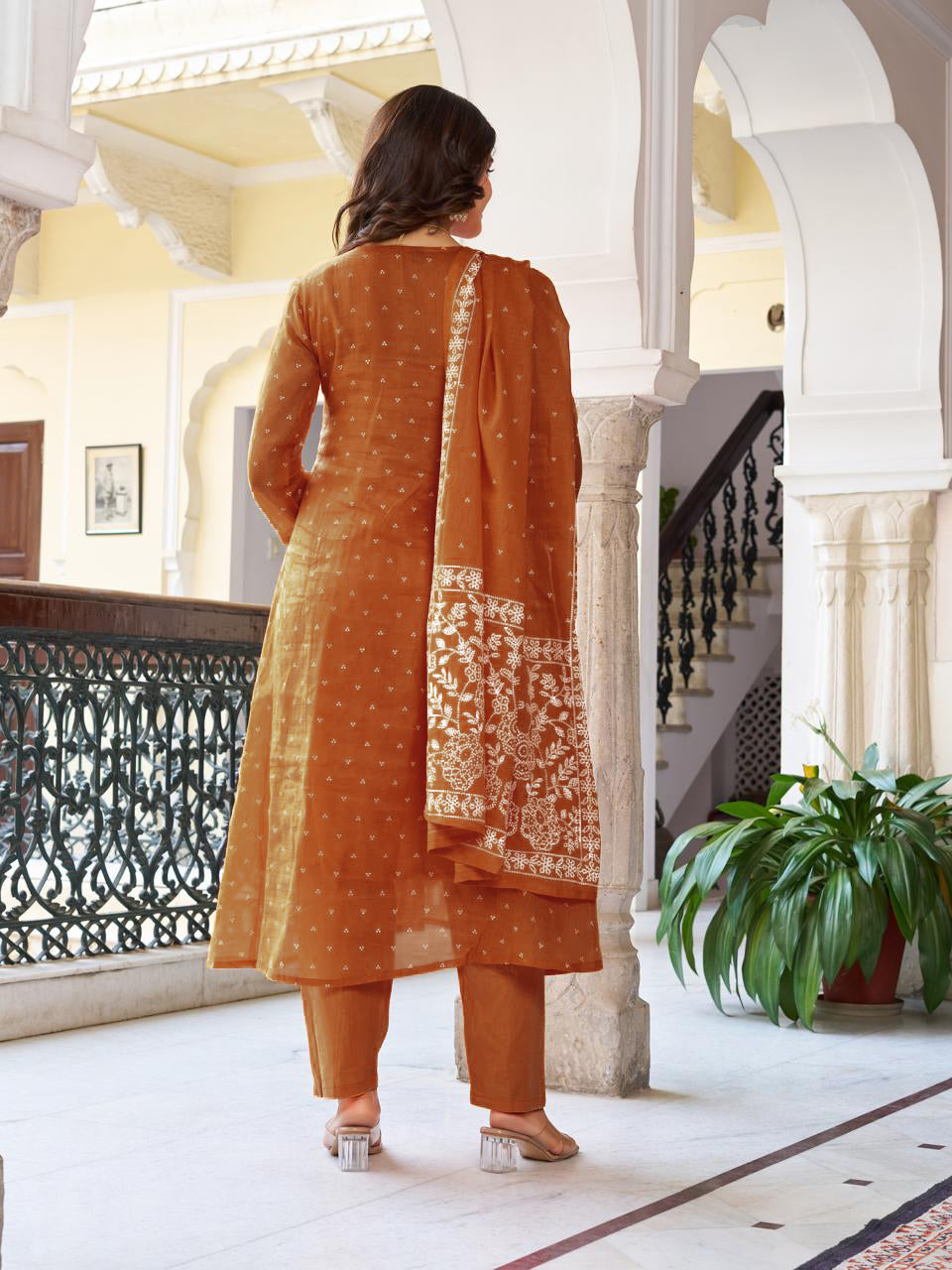 Women’s Rust Pure Cotton Embroidered Kurta Set with Plain Bottom & Printed Dupatta