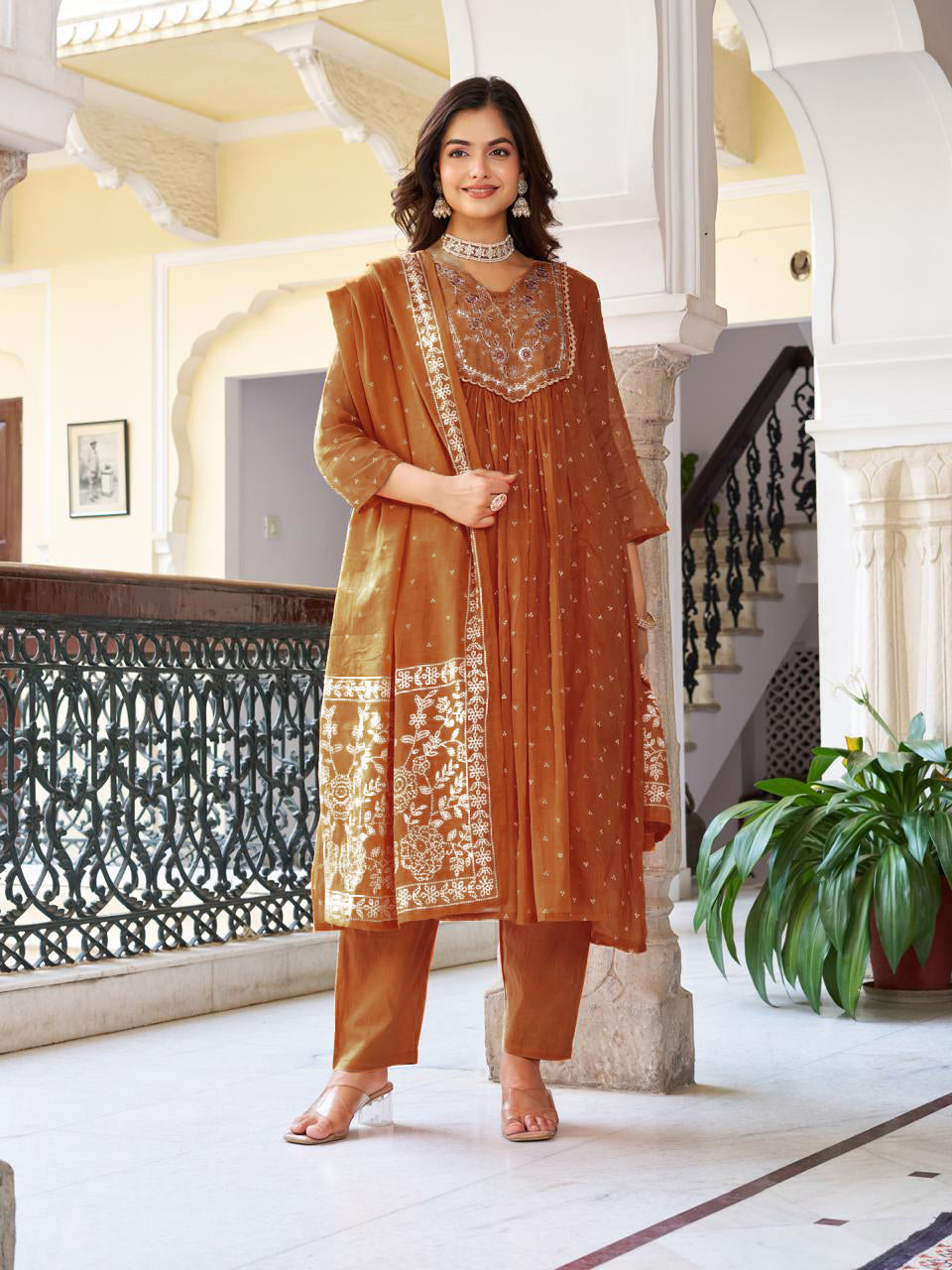 Women’s Rust Pure Cotton Embroidered Kurta Set with Plain Bottom & Printed Dupatta