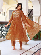 Women’s Rust Pure Cotton Embroidered Kurta Set with Plain Bottom & Printed Dupatta