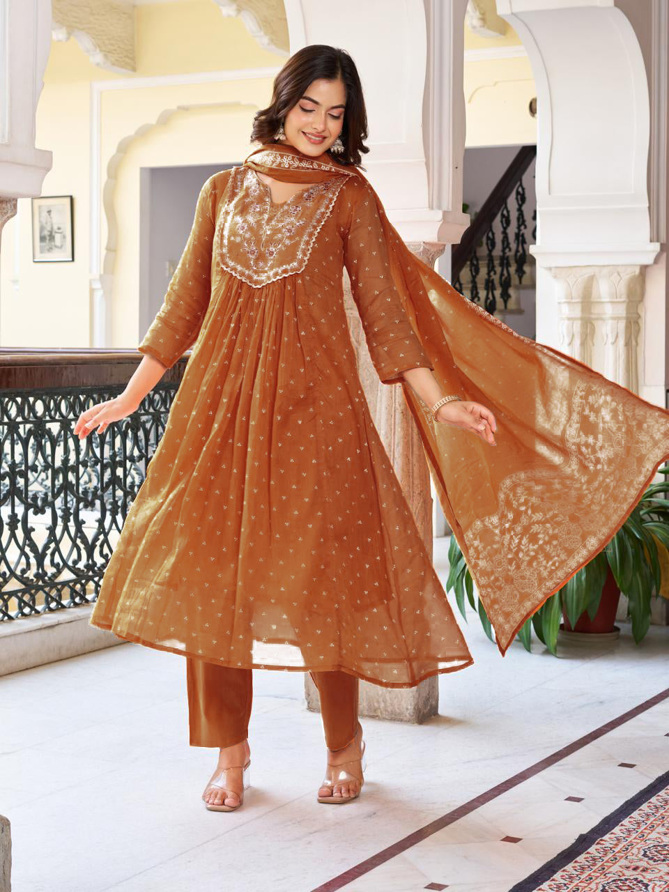 Women’s Rust Pure Cotton Embroidered Kurta Set with Plain Bottom & Printed Dupatta