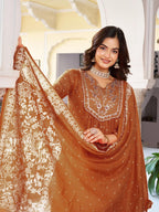 Women’s Rust Pure Cotton Embroidered Kurta Set with Plain Bottom & Printed Dupatta