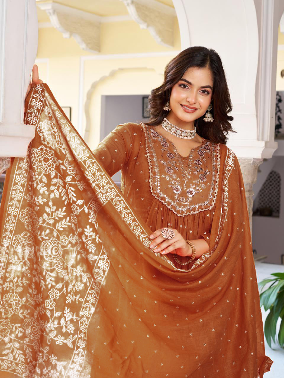 Women’s Rust Pure Cotton Embroidered Kurta Set with Plain Bottom & Printed Dupatta