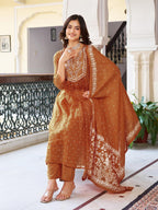 Women’s Rust Pure Cotton Embroidered Kurta Set with Plain Bottom & Printed Dupatta