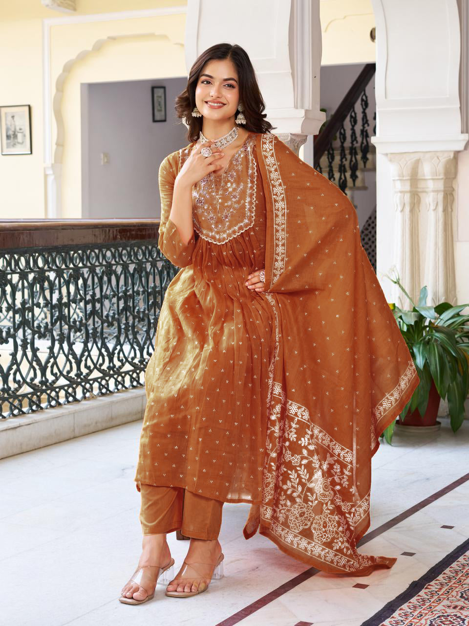 Women’s Rust Pure Cotton Embroidered Kurta Set with Plain Bottom & Printed Dupatta