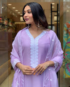 Women’s Lavender Embroidered Pure Russian Silk Kurta Set – Luxe Ethnic Wear