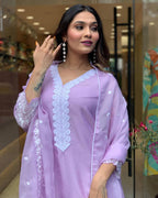 Women’s Lavender Embroidered Pure Russian Silk Kurta Set – Luxe Ethnic Wear