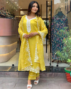Women’s Yellow Lavender Embroidered Pure Russian Silk Kurta Set – Luxe Ethnic Wear