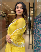 Women’s Yellow Lavender Embroidered Pure Russian Silk Kurta Set – Luxe Ethnic Wear