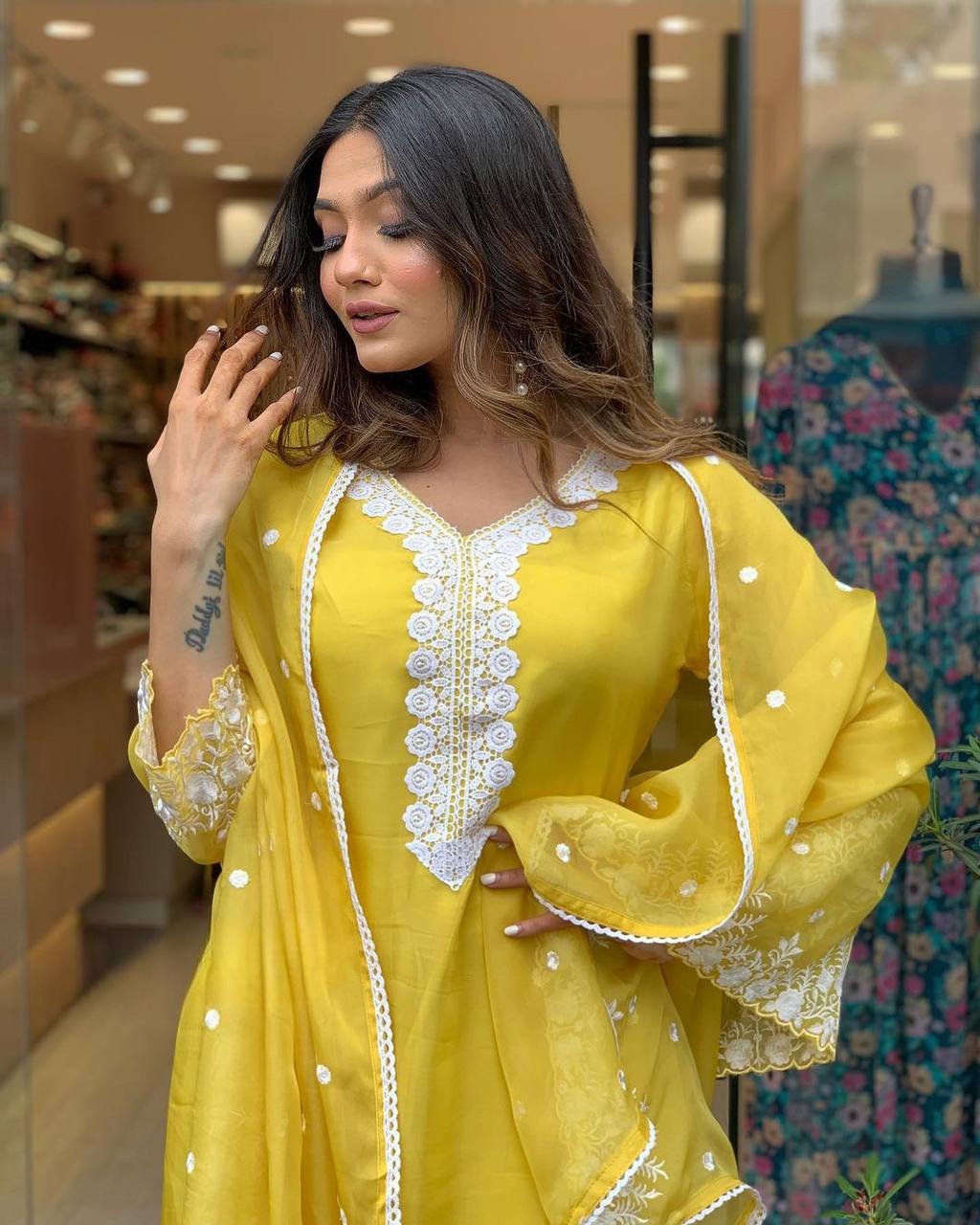 Women’s Yellow Lavender Embroidered Pure Russian Silk Kurta Set – Luxe Ethnic Wear