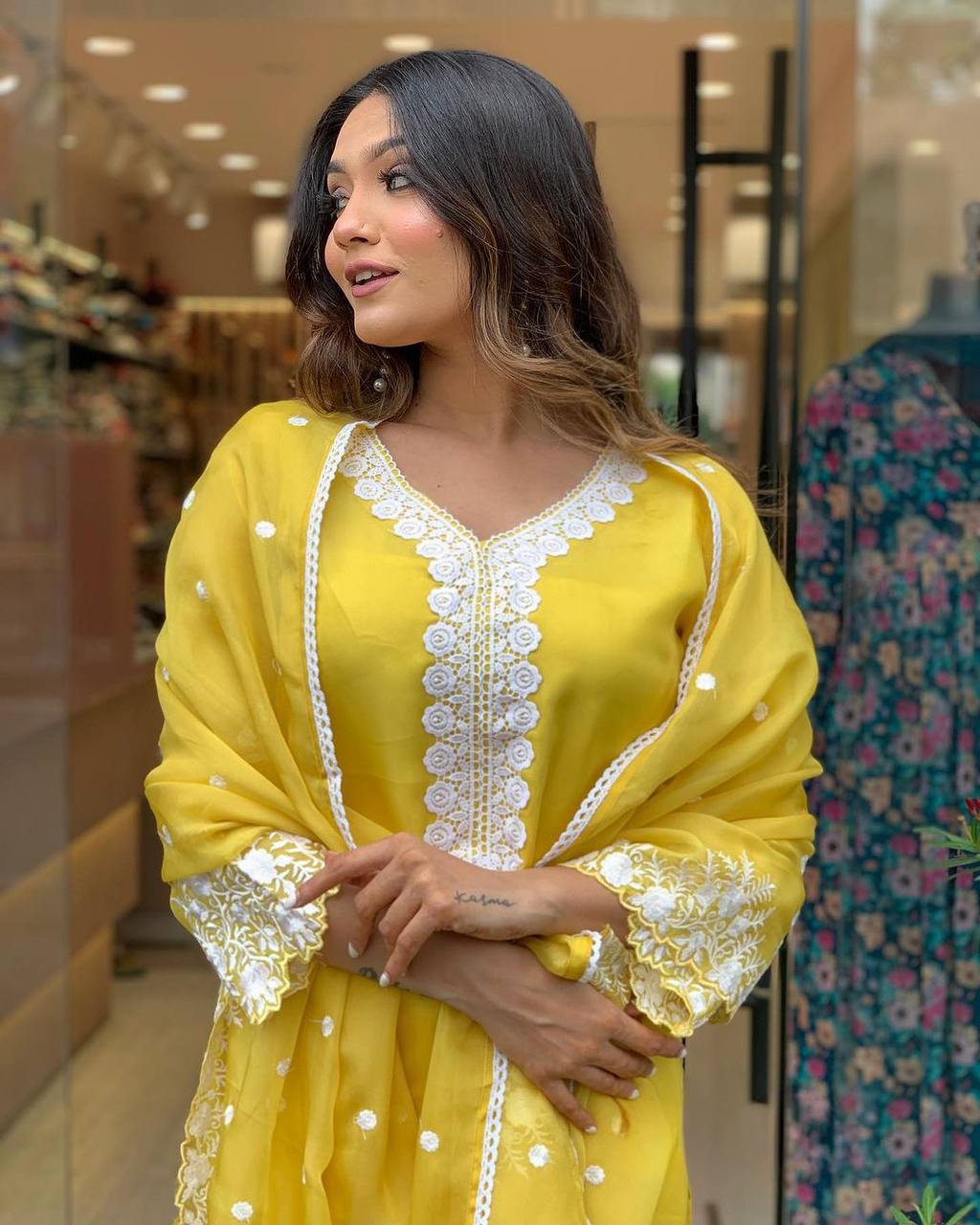 Women’s Yellow Lavender Embroidered Pure Russian Silk Kurta Set – Luxe Ethnic Wear