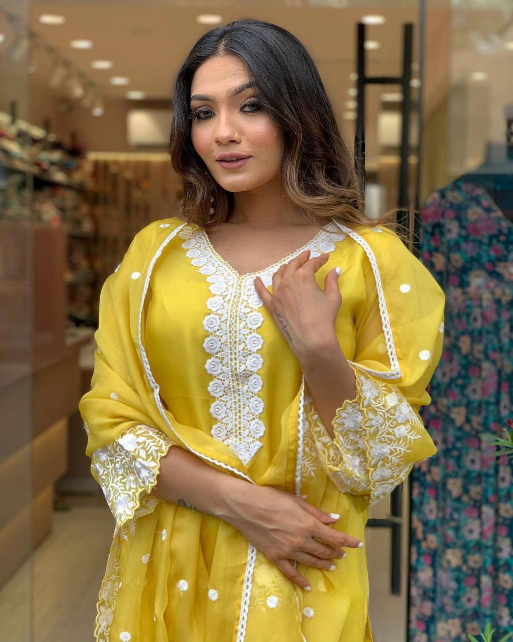 Women’s Yellow Lavender Embroidered Pure Russian Silk Kurta Set – Luxe Ethnic Wear