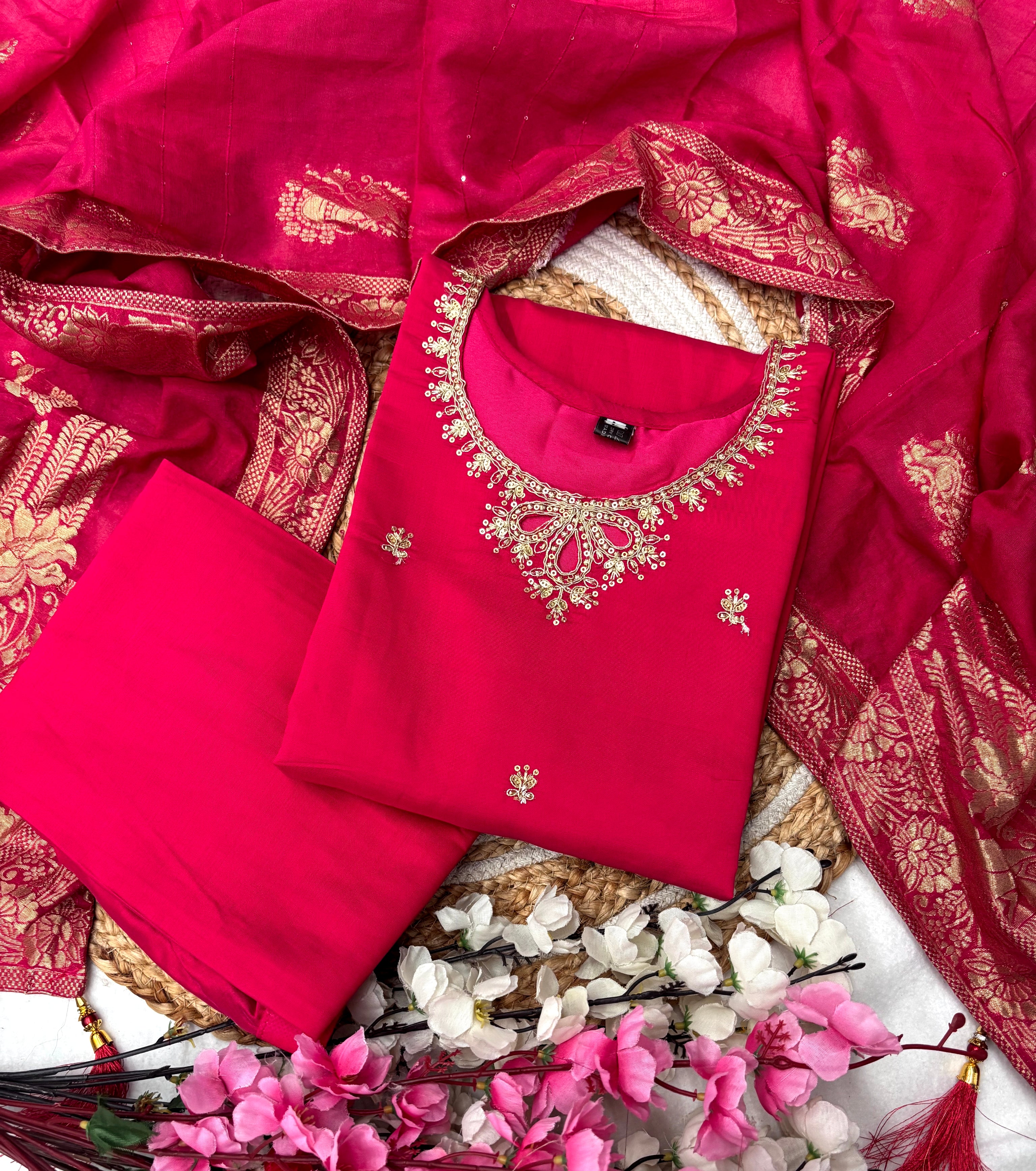Women’s Pink Designer Viscose Chanderi Kurta Set with Stylish Embroidery