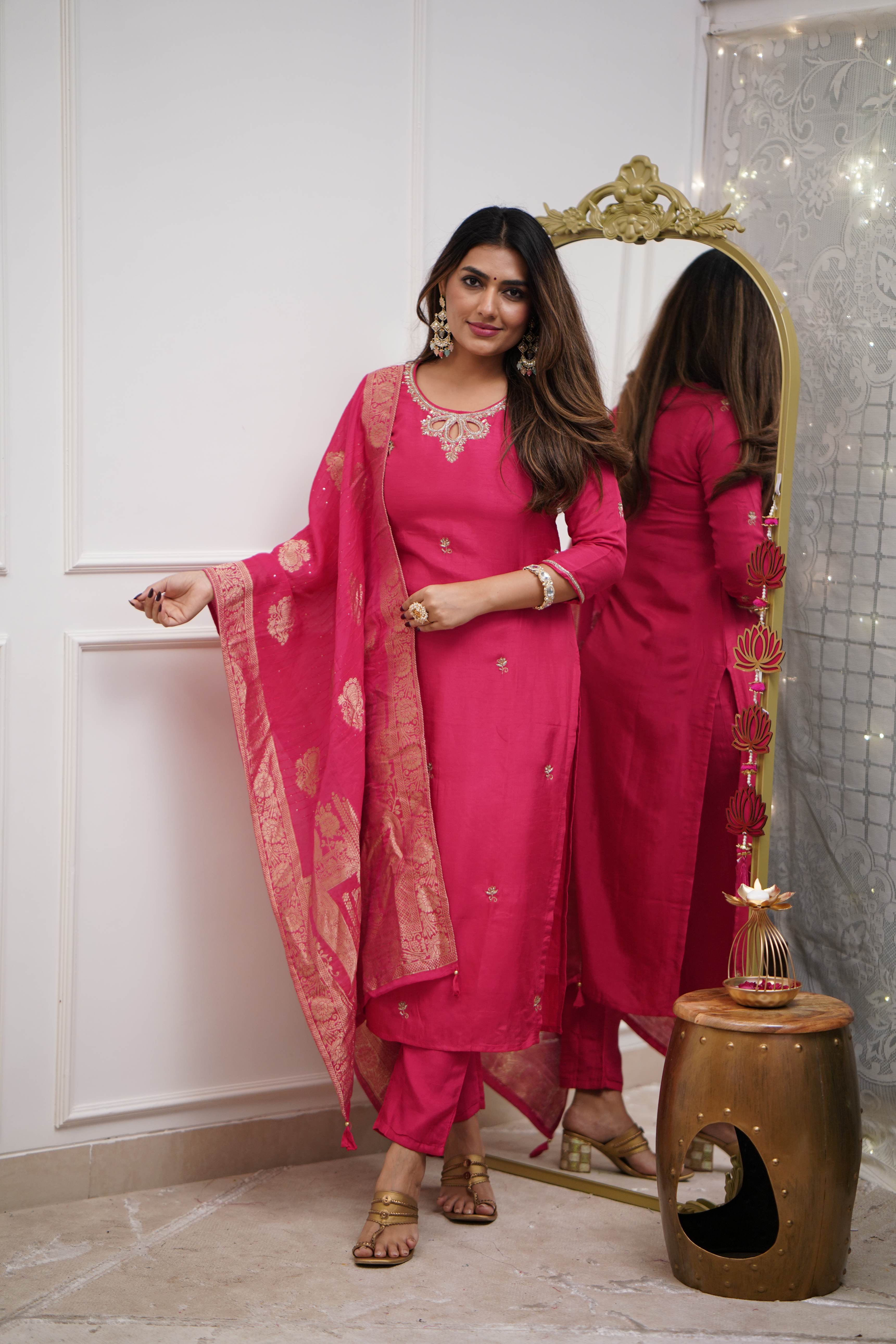 Women’s Pink Designer Viscose Chanderi Kurta Set with Stylish Embroidery