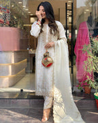 Women’s White Viscose Jacquard Embroidered Kurta Set with Rayon Bottom & Chanderi Embroidered Dupatta