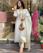Women’s White Viscose Jacquard Embroidered Kurta Set with Rayon Bottom & Chanderi Embroidered Dupatta
