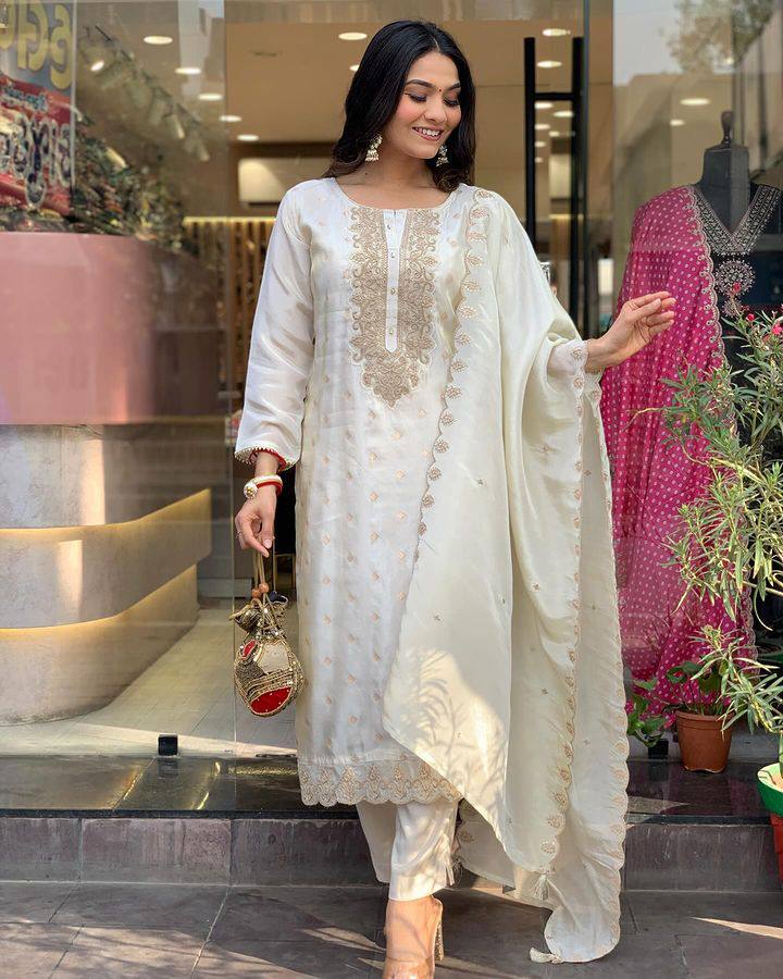 Women’s White Viscose Jacquard Embroidered Kurta Set with Rayon Bottom & Chanderi Embroidered Dupatta