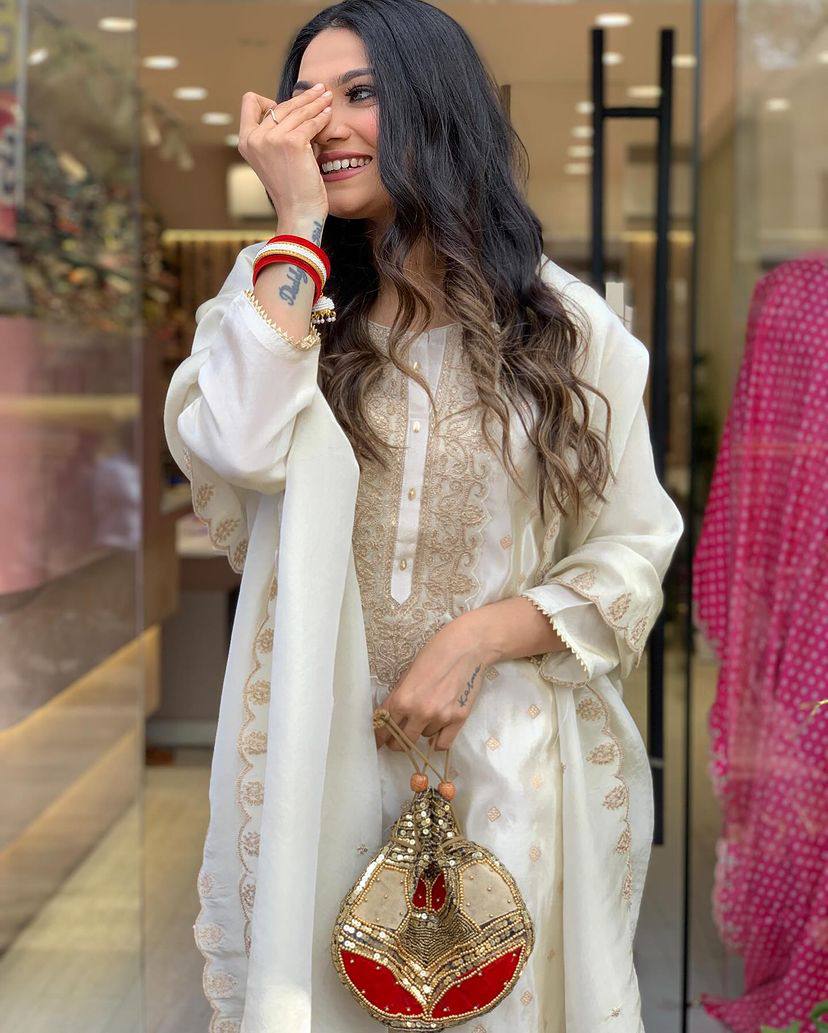 Women’s White Viscose Jacquard Embroidered Kurta Set with Rayon Bottom & Chanderi Embroidered Dupatta