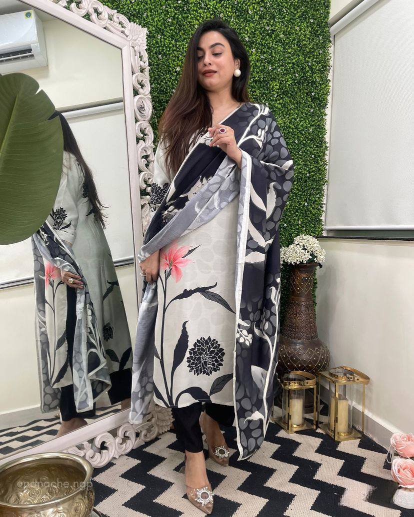 Women’s White Viscose Rayon Printed Kurta Set with Plain Bottom & Teby Silk Dupatta