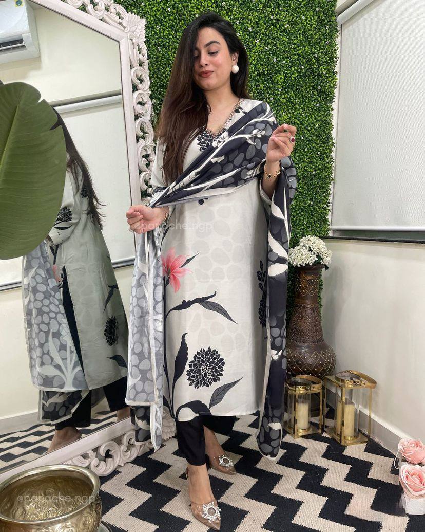 Women’s White Viscose Rayon Printed Kurta Set with Plain Bottom & Teby Silk Dupatta