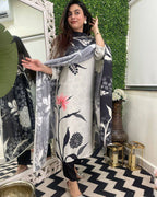 Women’s White Viscose Rayon Printed Kurta Set with Plain Bottom & Teby Silk Dupatta