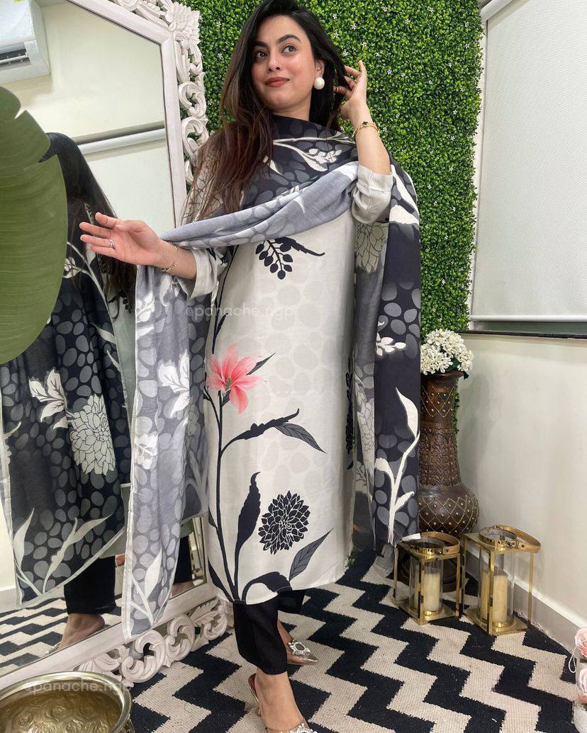 Women’s White Viscose Rayon Printed Kurta Set with Plain Bottom & Teby Silk Dupatta
