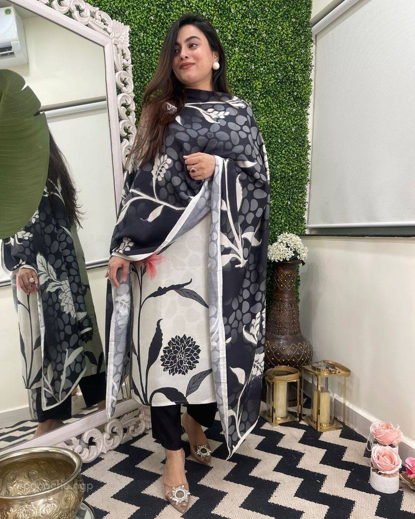 Women’s White Viscose Rayon Printed Kurta Set with Plain Bottom & Teby Silk Dupatta