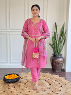 Women’s Pink Festive Wear Viscose Chanderi Kurta Set with Jacquard Butti Dupatta