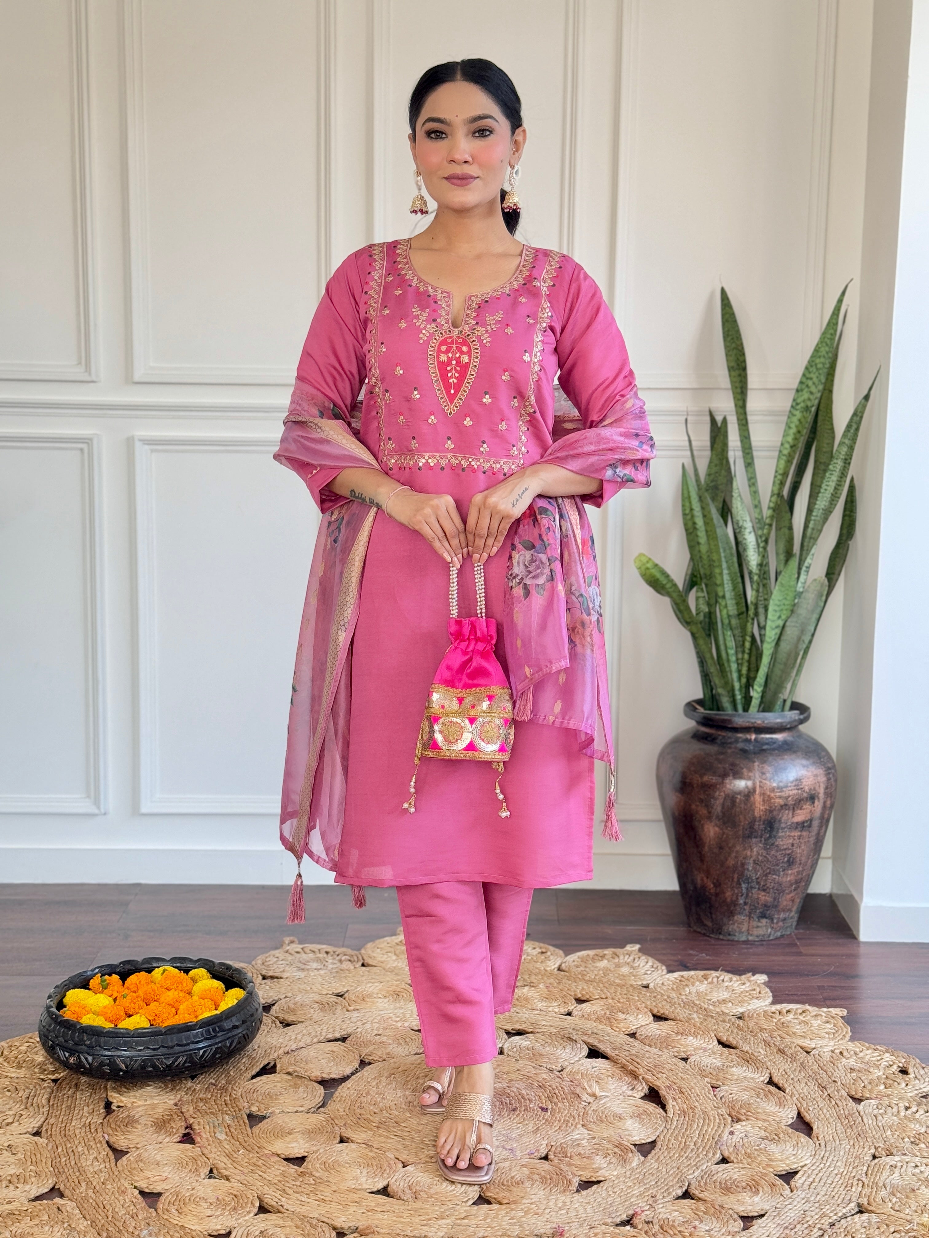 Women’s Pink Festive Wear Viscose Chanderi Kurta Set with Jacquard Butti Dupatta