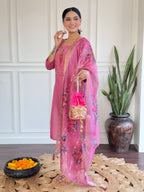 Women’s Pink Festive Wear Viscose Chanderi Kurta Set with Jacquard Butti Dupatta