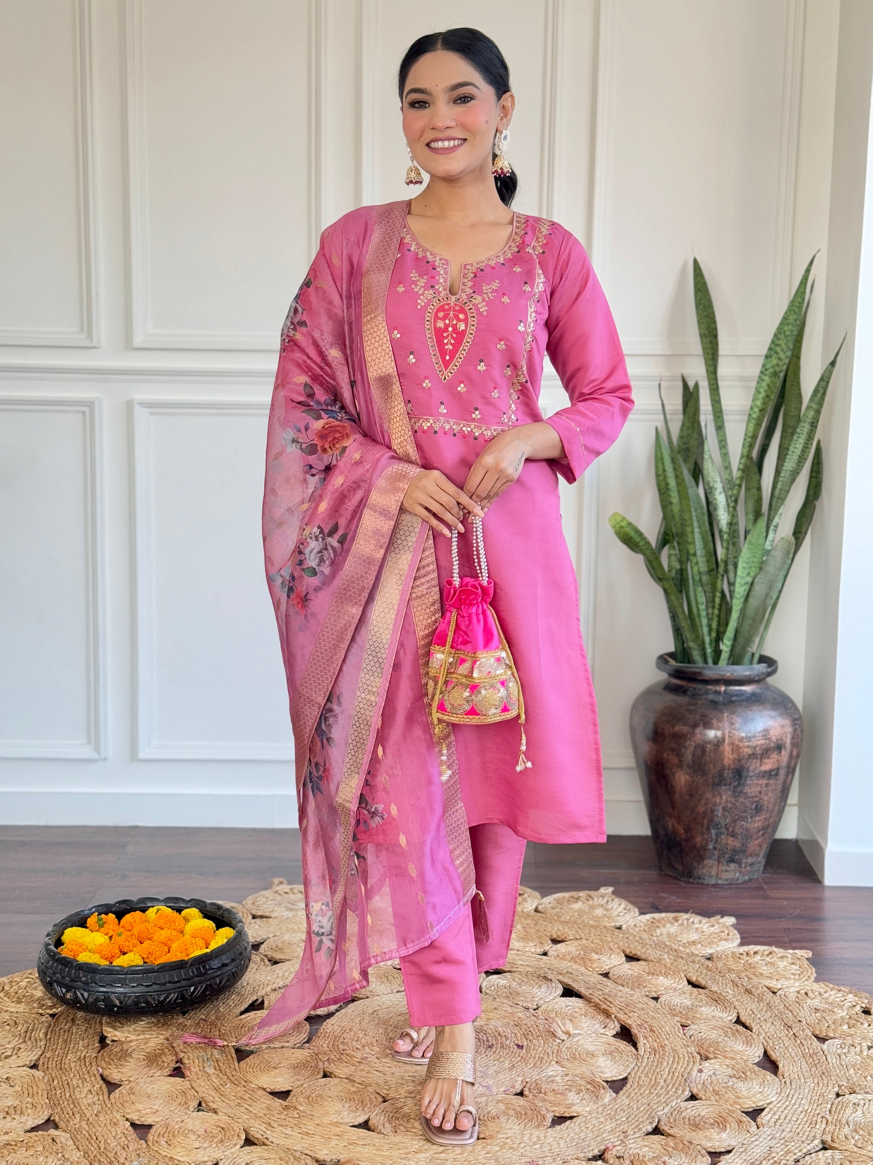 Women’s Pink Festive Wear Viscose Chanderi Kurta Set with Jacquard Butti Dupatta
