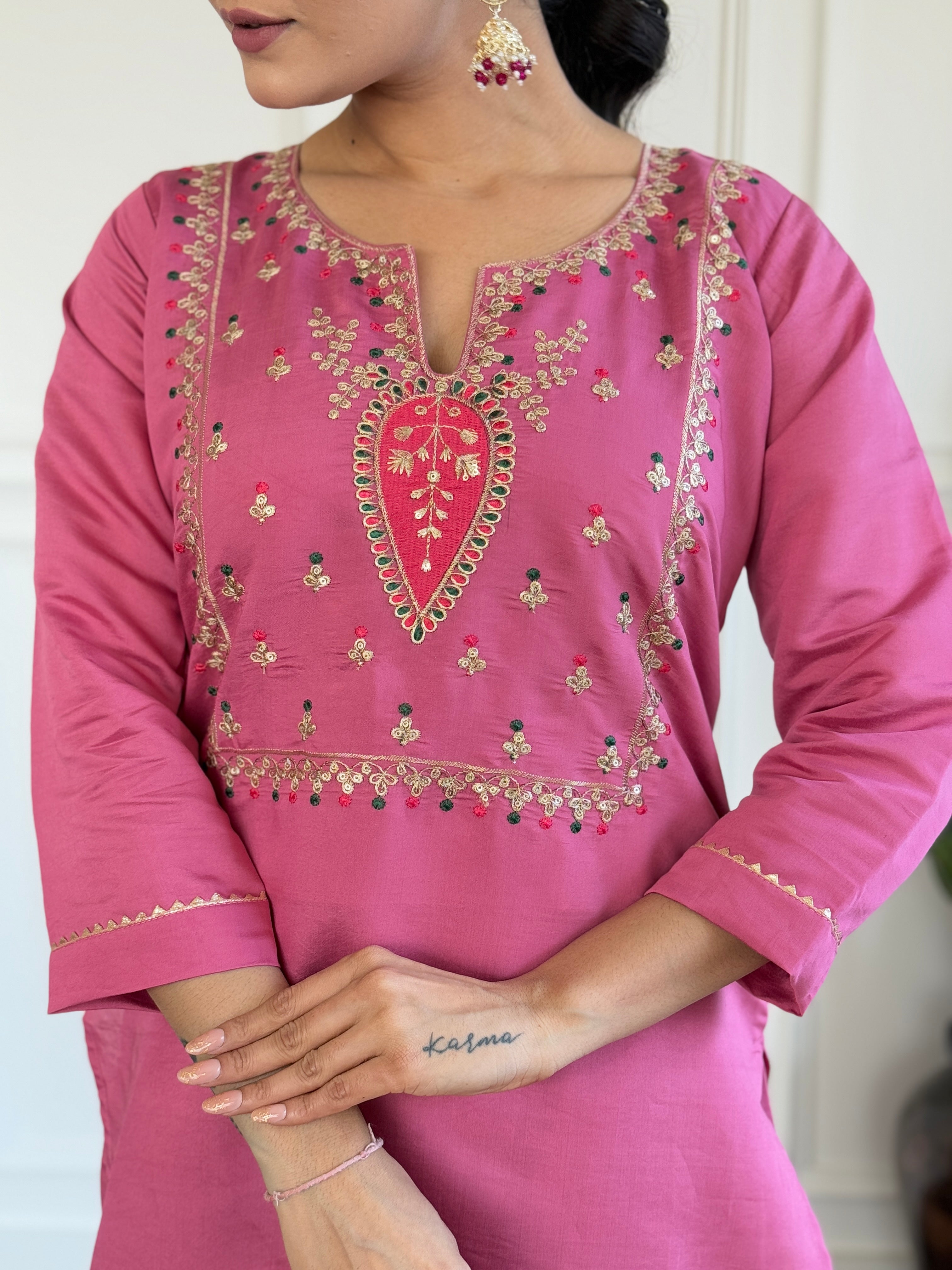Women’s Pink Festive Wear Viscose Chanderi Kurta Set with Jacquard Butti Dupatta