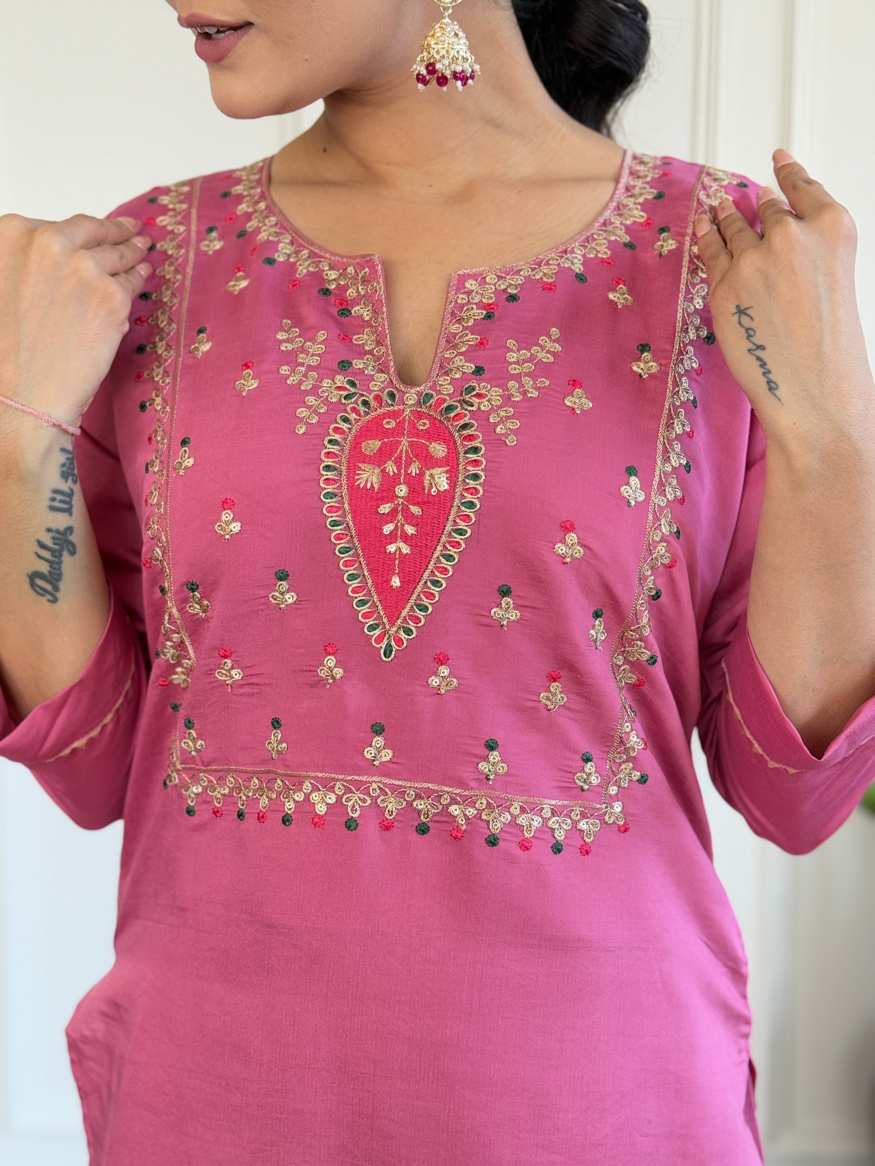 Women’s Pink Festive Wear Viscose Chanderi Kurta Set with Jacquard Butti Dupatta