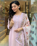 Women’s Baby Pink Ethnic Viscose Chanderi Lace-Work Kurta Set with Designer Dupatta