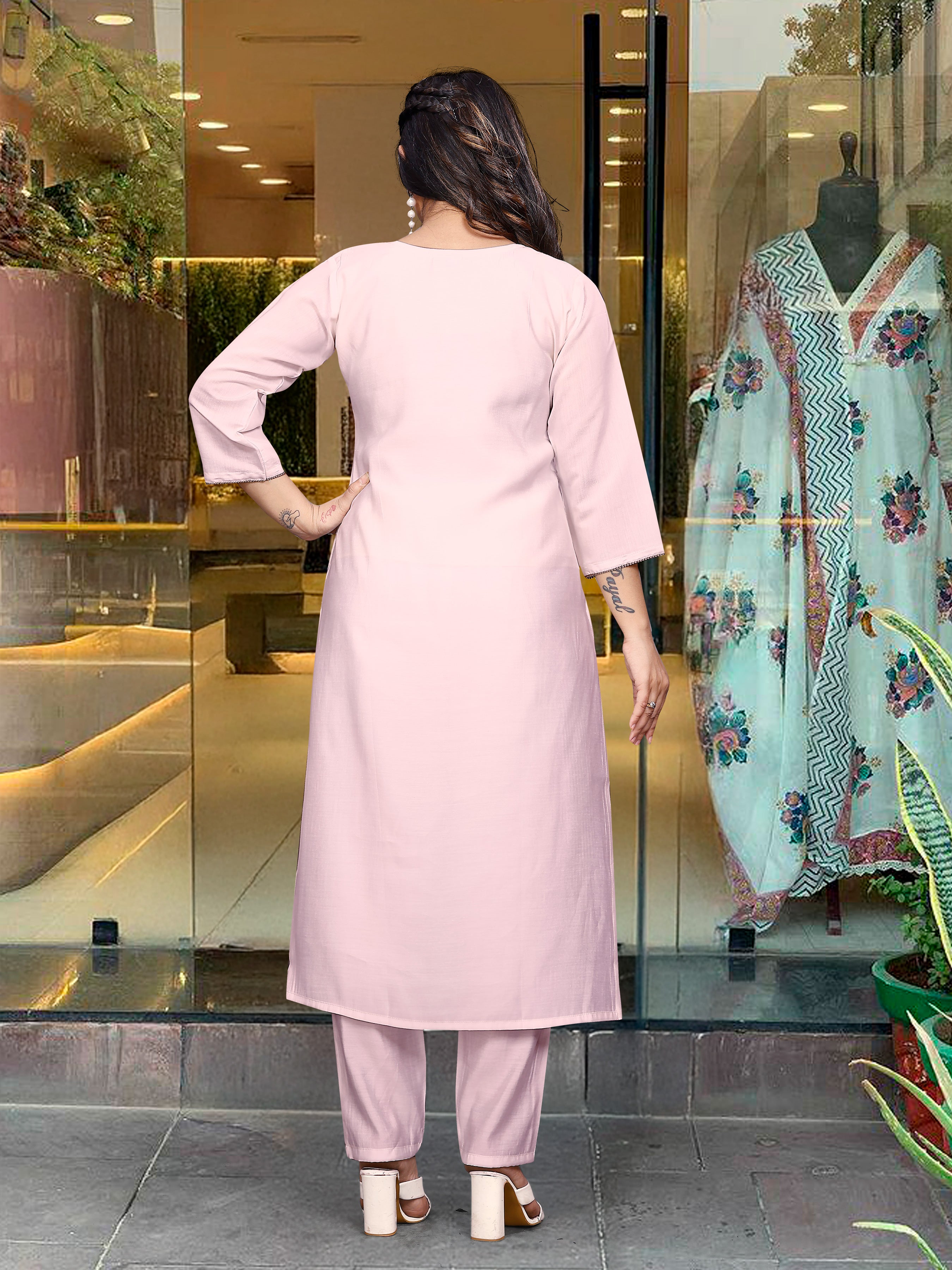 Women’s Baby Pink Ethnic Viscose Chanderi Lace-Work Kurta Set with Designer Dupatta