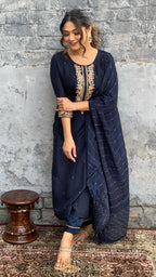 Women’s Navy Blue Viscose Chanderi Coding Embroidery Kurta Set with Lace Work Bottom & Jacquard Dupatta