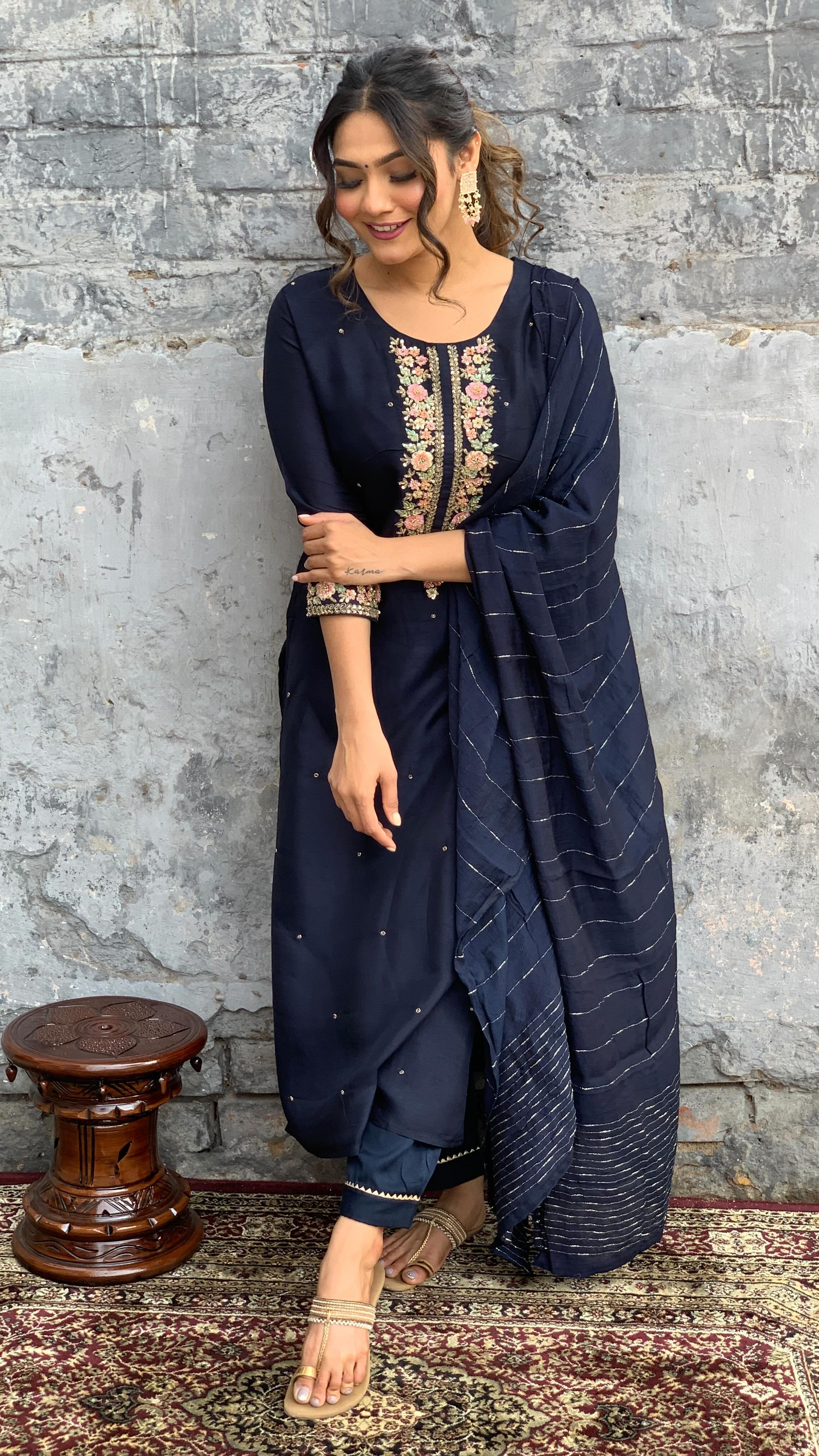 Women’s Navy Blue Viscose Chanderi Coding Embroidery Kurta Set with Lace Work Bottom & Jacquard Dupatta