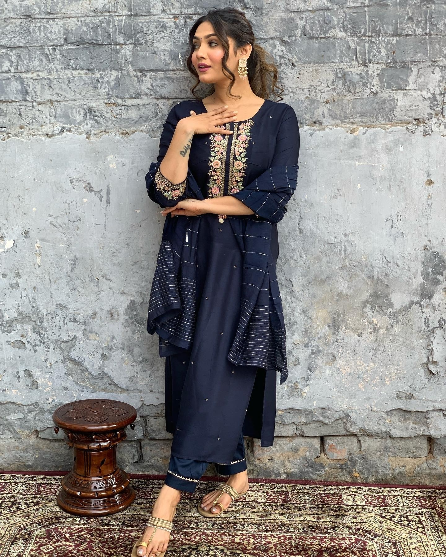 Women’s Navy Blue Viscose Chanderi Coding Embroidery Kurta Set with Lace Work Bottom & Jacquard Dupatta