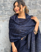 Women’s Navy Blue Viscose Chanderi Coding Embroidery Kurta Set with Lace Work Bottom & Jacquard Dupatta