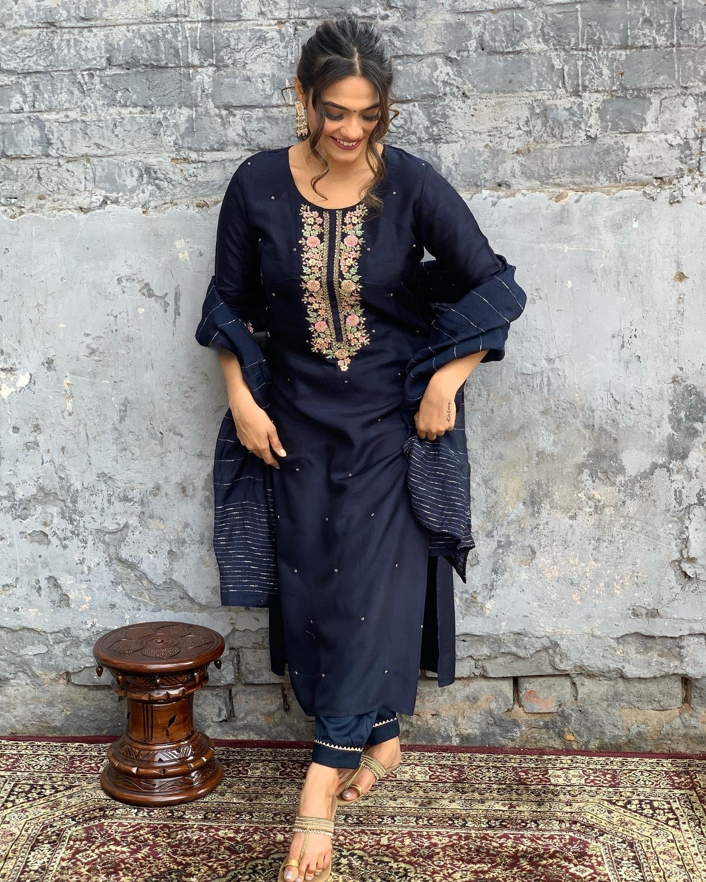 Women’s Navy Blue Viscose Chanderi Coding Embroidery Kurta Set with Lace Work Bottom & Jacquard Dupatta