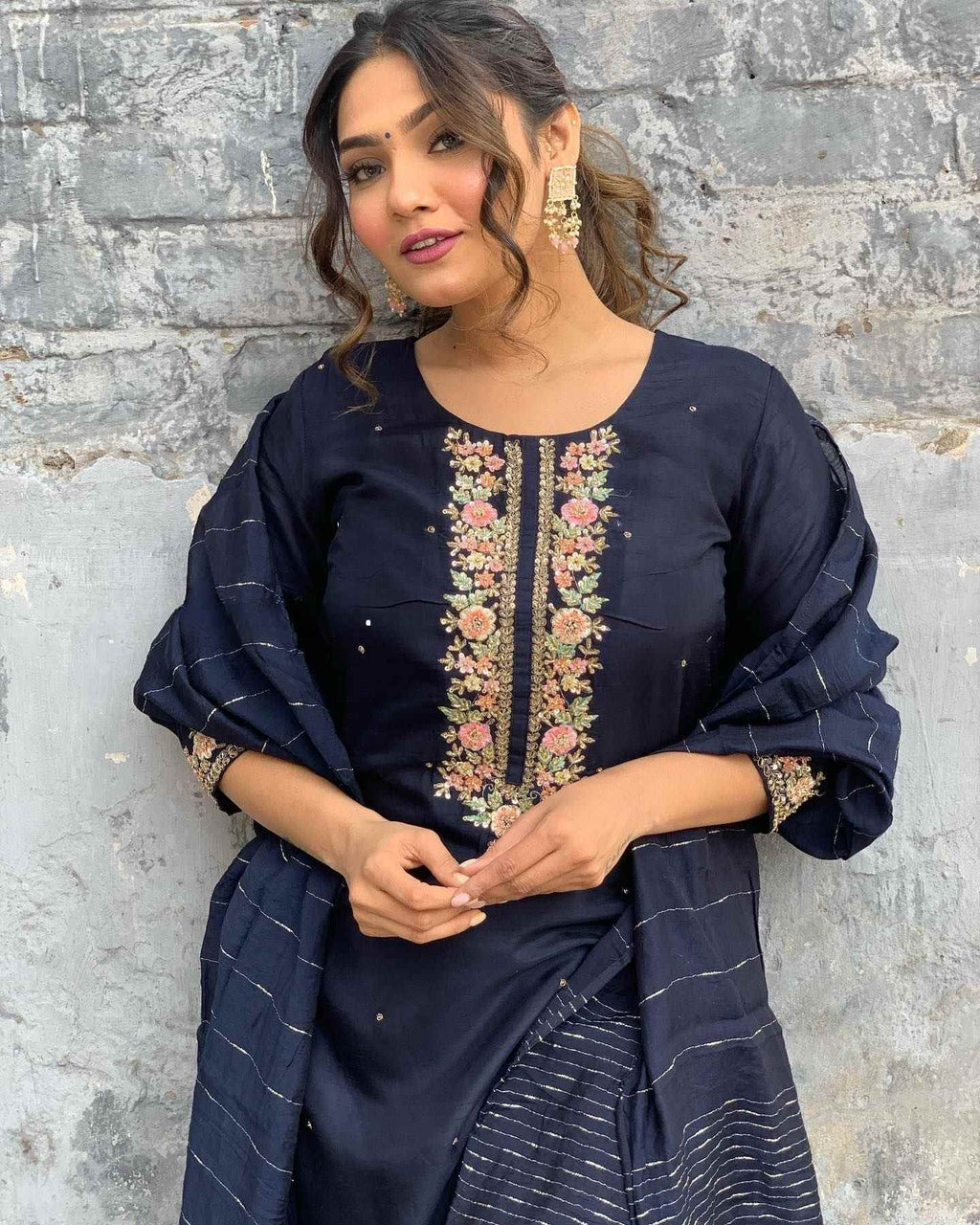 Women’s Navy Blue Viscose Chanderi Coding Embroidery Kurta Set with Lace Work Bottom & Jacquard Dupatta