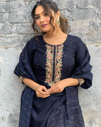 Women’s Navy Blue Viscose Chanderi Coding Embroidery Kurta Set with Lace Work Bottom & Jacquard Dupatta