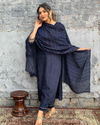 Women’s Navy Blue Viscose Chanderi Coding Embroidery Kurta Set with Lace Work Bottom & Jacquard Dupatta