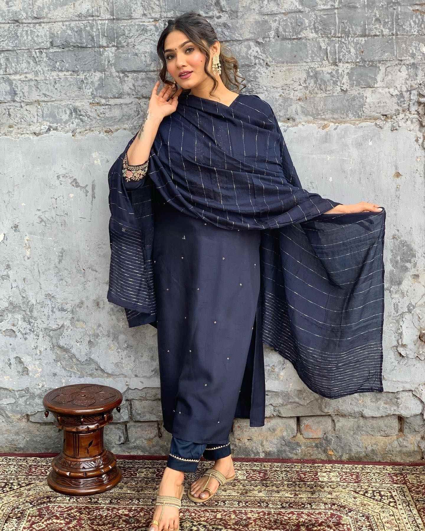 Women’s Navy Blue Viscose Chanderi Coding Embroidery Kurta Set with Lace Work Bottom & Jacquard Dupatta