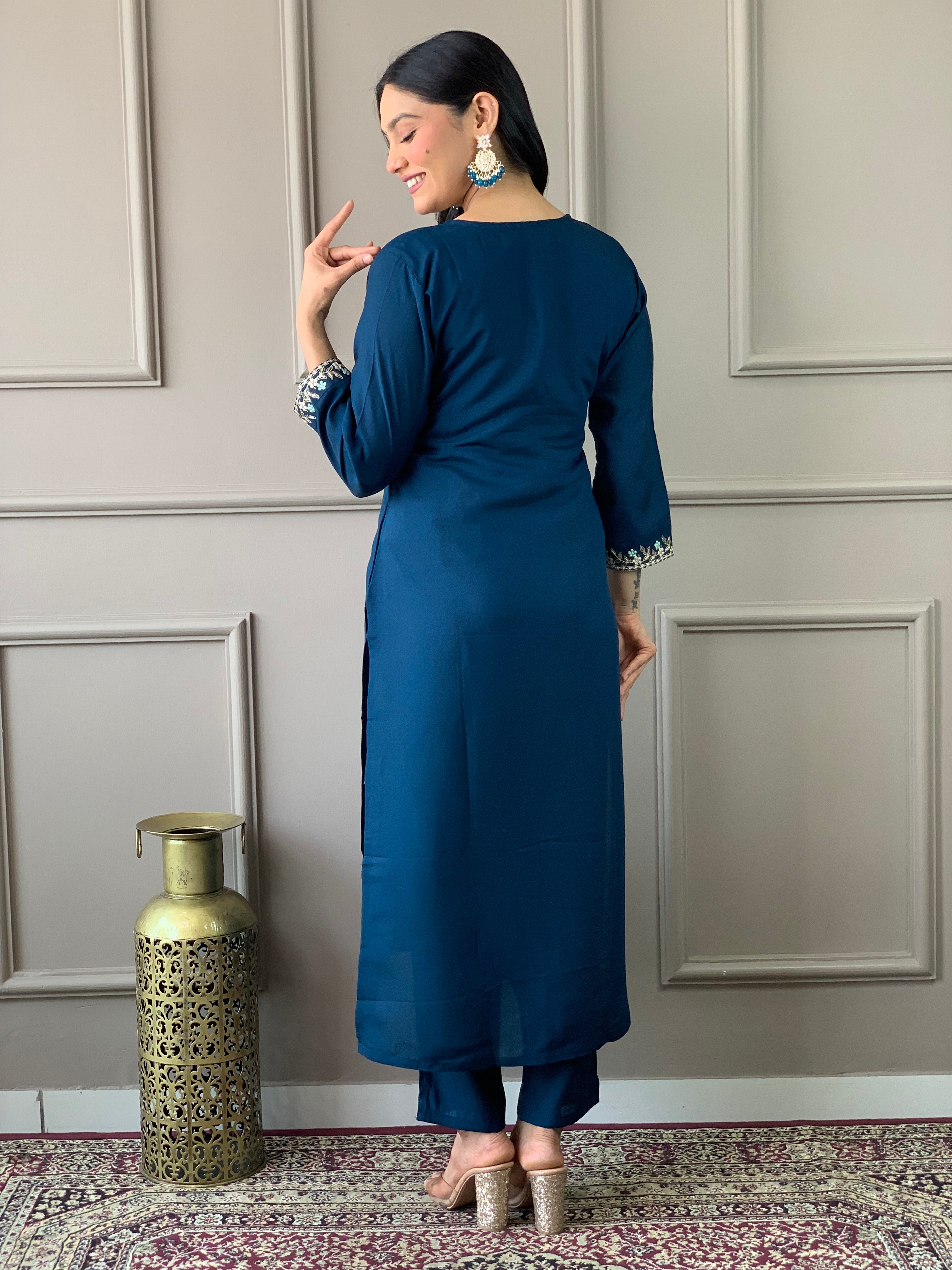 Women’s Navy Blue Ethnic Kurta Set in Viscose Rayon with Coding Embroidery and Jacquard Dupatta